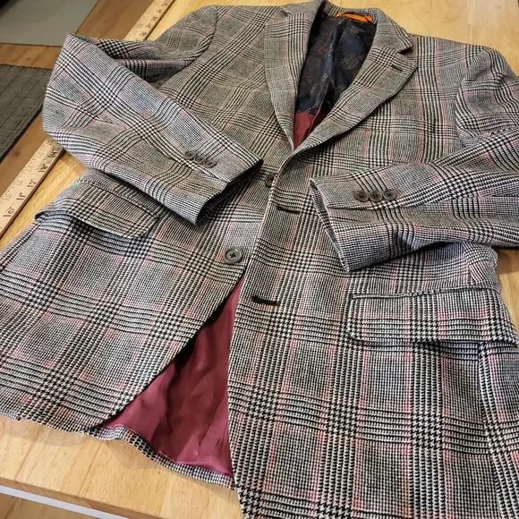 Tallia Wool Plaid Blazer pockets 19" P2P 27" long lined 3 button cuff - Picture 5 of 13